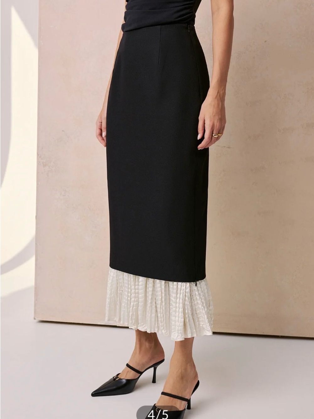 Commense Black Midi Skirt with White Pleated Hem - Picture 4 of 7